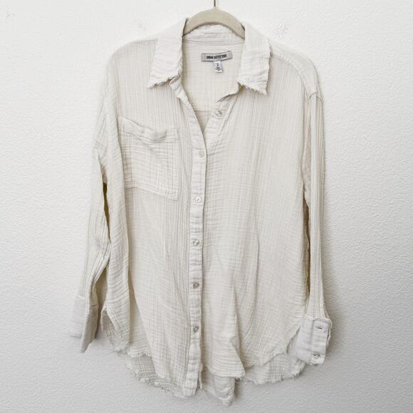 [Urban Outfitters] Cream Cotton Gauze Raw Edge Button Down Cover Up Size Small S - Picture 1 of 10